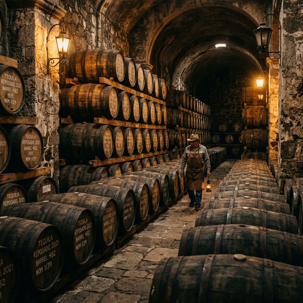 Barricas de tequila en destilería de Jalisco